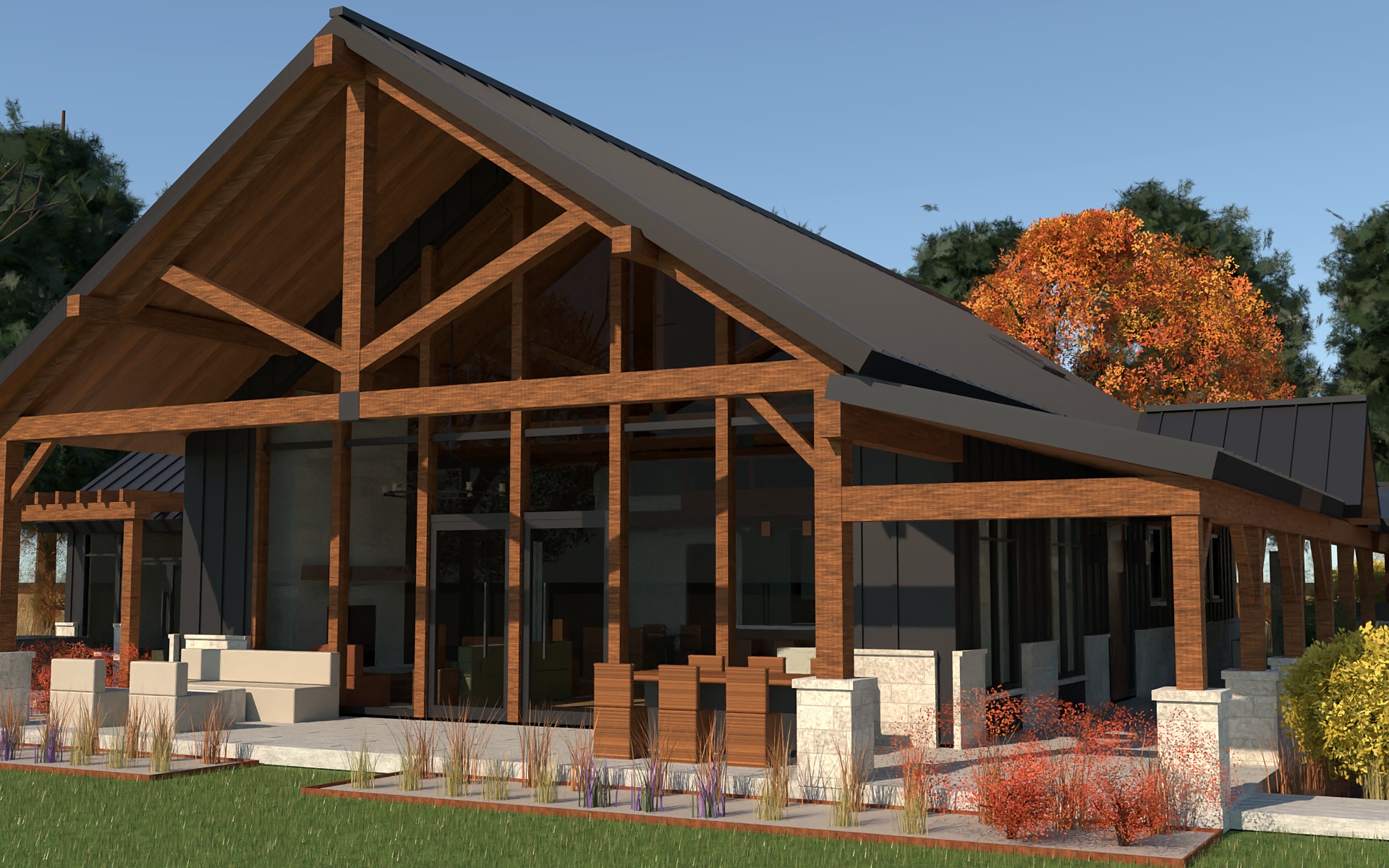 Rendering of a black barn house with a two-story glass gable framed in timber trusses and a porch on limestone piers.