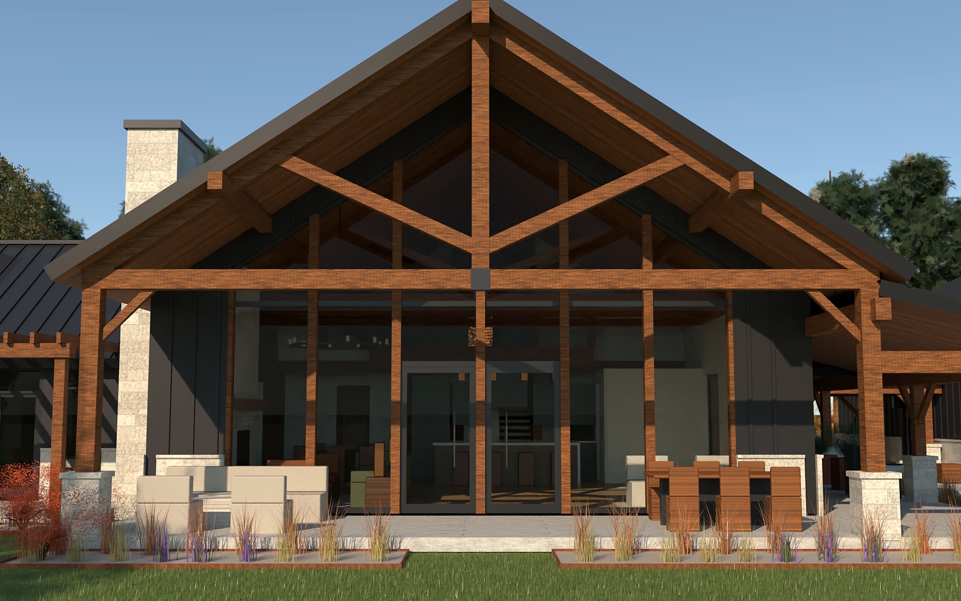 Rendering of the south end of a black barndominium house: a full-height glass wall under timber trusses, with a stone chimney at left.