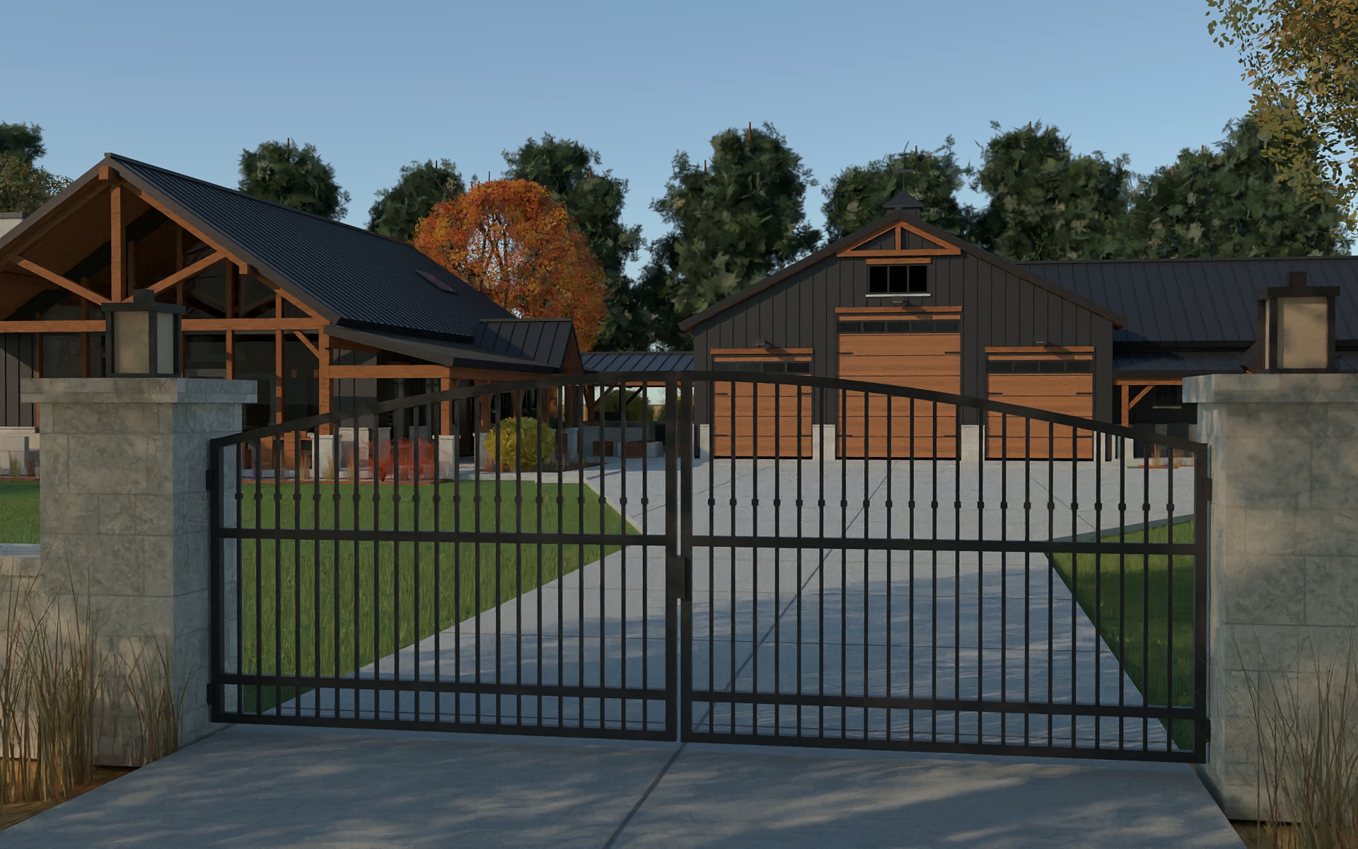 Rendering of a black iron double gate with an arched top across a concrete drive, between limestone pillars and low stone walls, with a barndominium house and shop beyond.