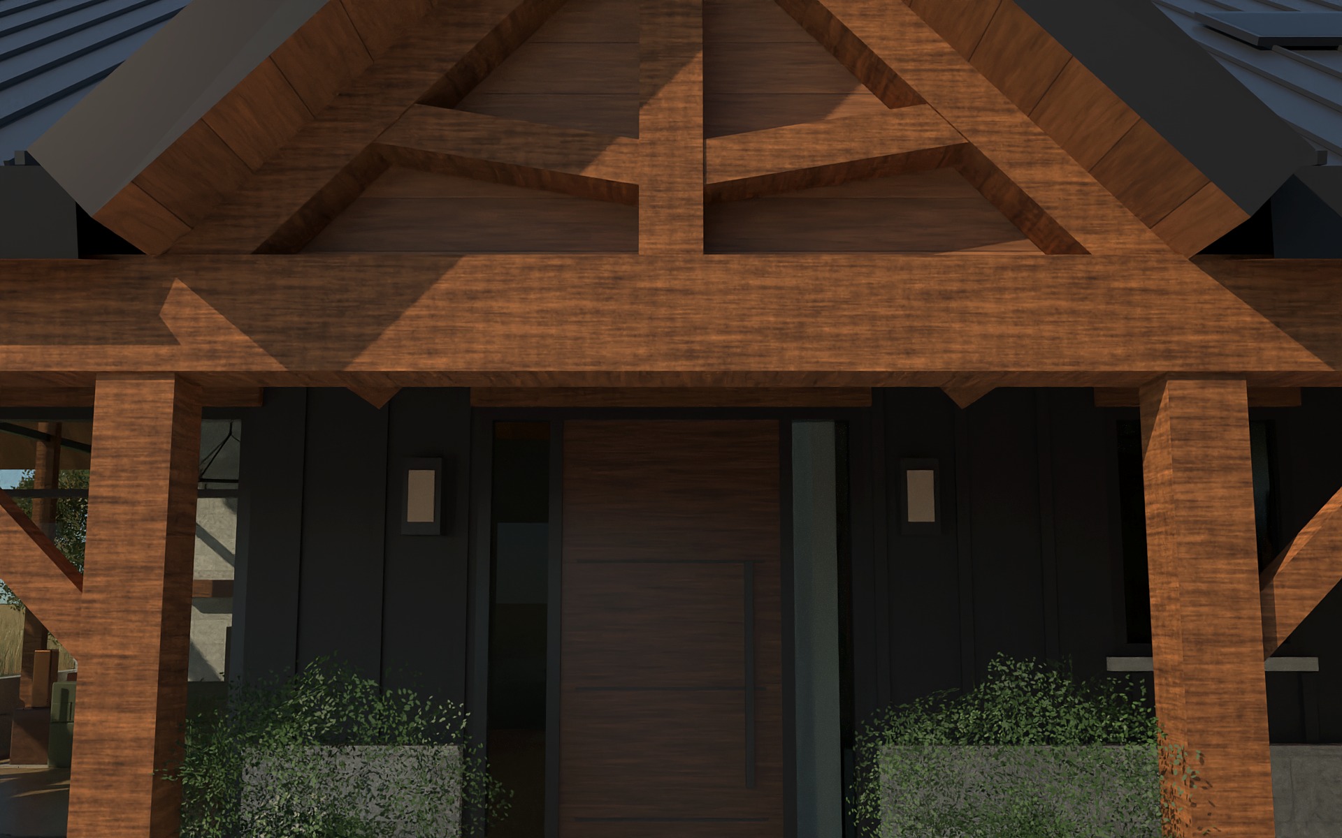 Rendering of a covered porch with a steep timber gable, braced posts on stone piers, and a tall walnut door between glass sidelights.