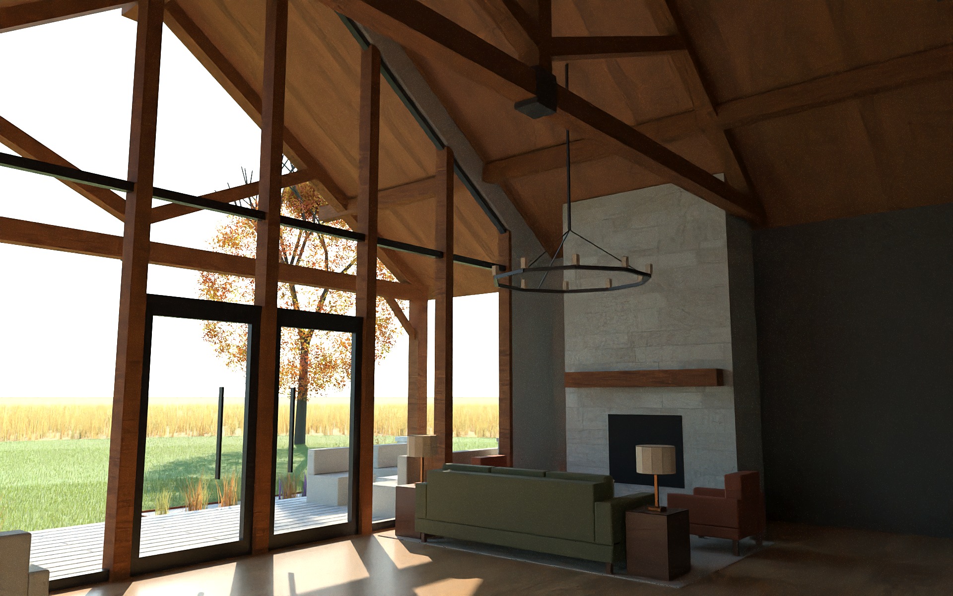 Interior rendering of a vaulted room with timber trusses, a glass wall with two doors, an olive sofa and rust chairs facing a stone fireplace.