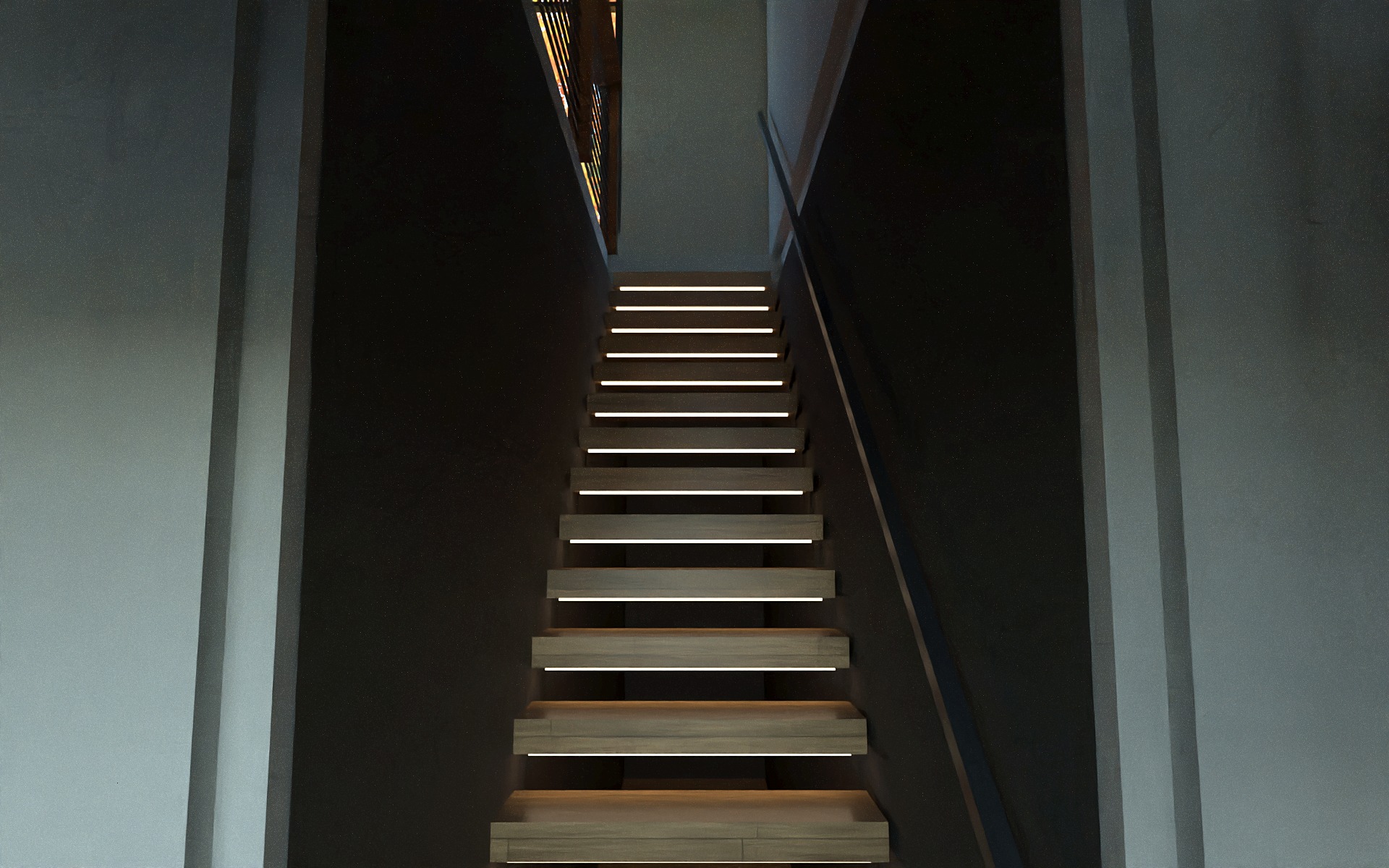 Interior rendering of a narrow stair hall with dark bronze walls and thick light-oak treads that float off one wall, with a black handrail.