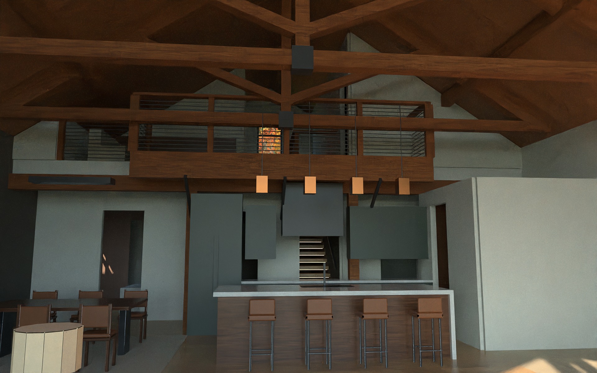 Interior rendering of a kitchen with a long walnut island and stools, and a timber catwalk with a cable rail overhead.