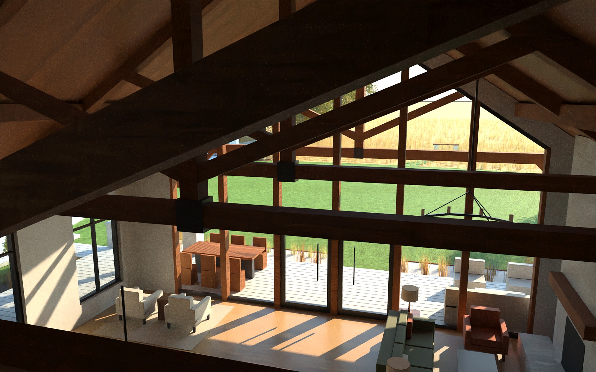Rendering looking down from a timber catwalk over a living area toward a tall glass wall framed by king-post trusses.
