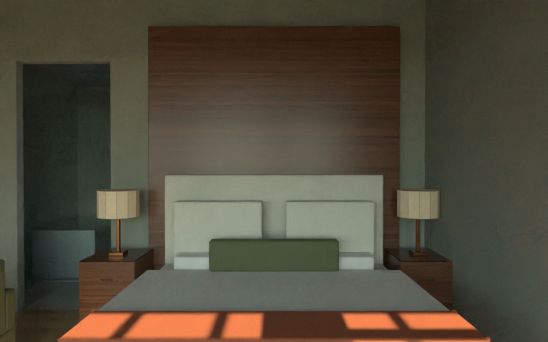 Interior rendering of the Flint Hills Barndominium primary suite with a bed, warm wood ceiling and dark walls.