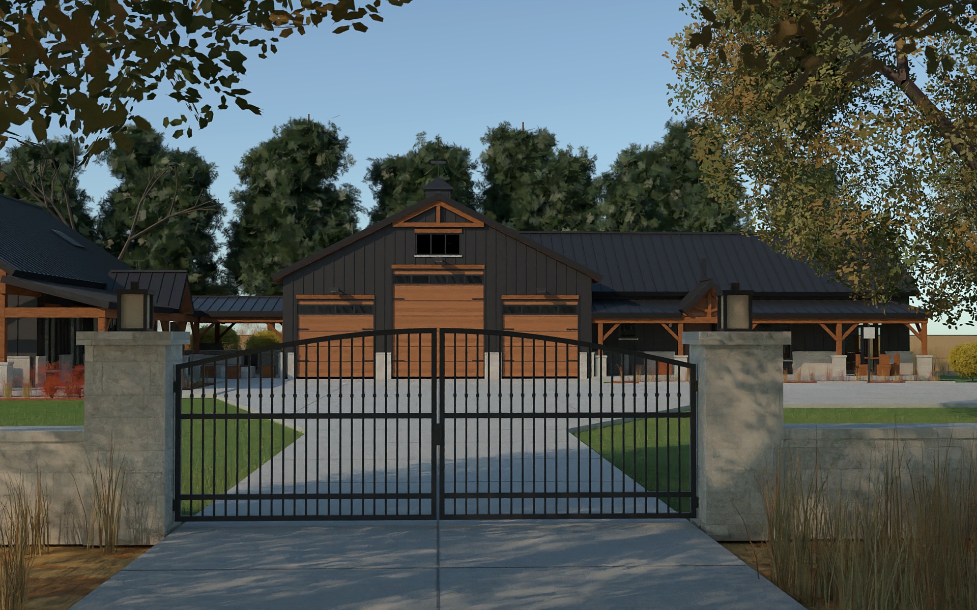 Rendering of the Flint Hills Barndominium arrival motor court with an iron gate, limestone pillars and the house beyond.