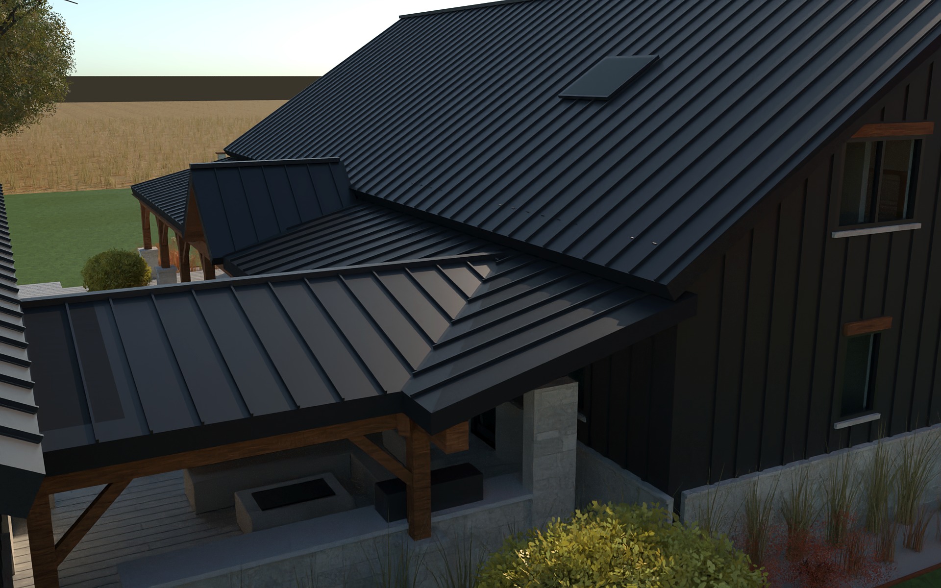 Rendering of a black barndominium house where a long porch roof along the side wall meets a covered breezeway roof in a valley, with the shop at left.