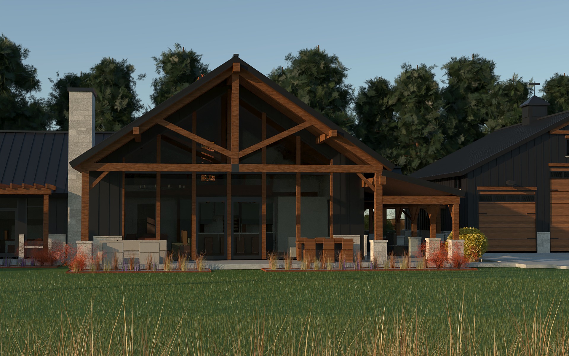 Rendering of the Flint Hills Barndominium glass gable viewed across the prairie lawn with the shop and office wing beyond.
