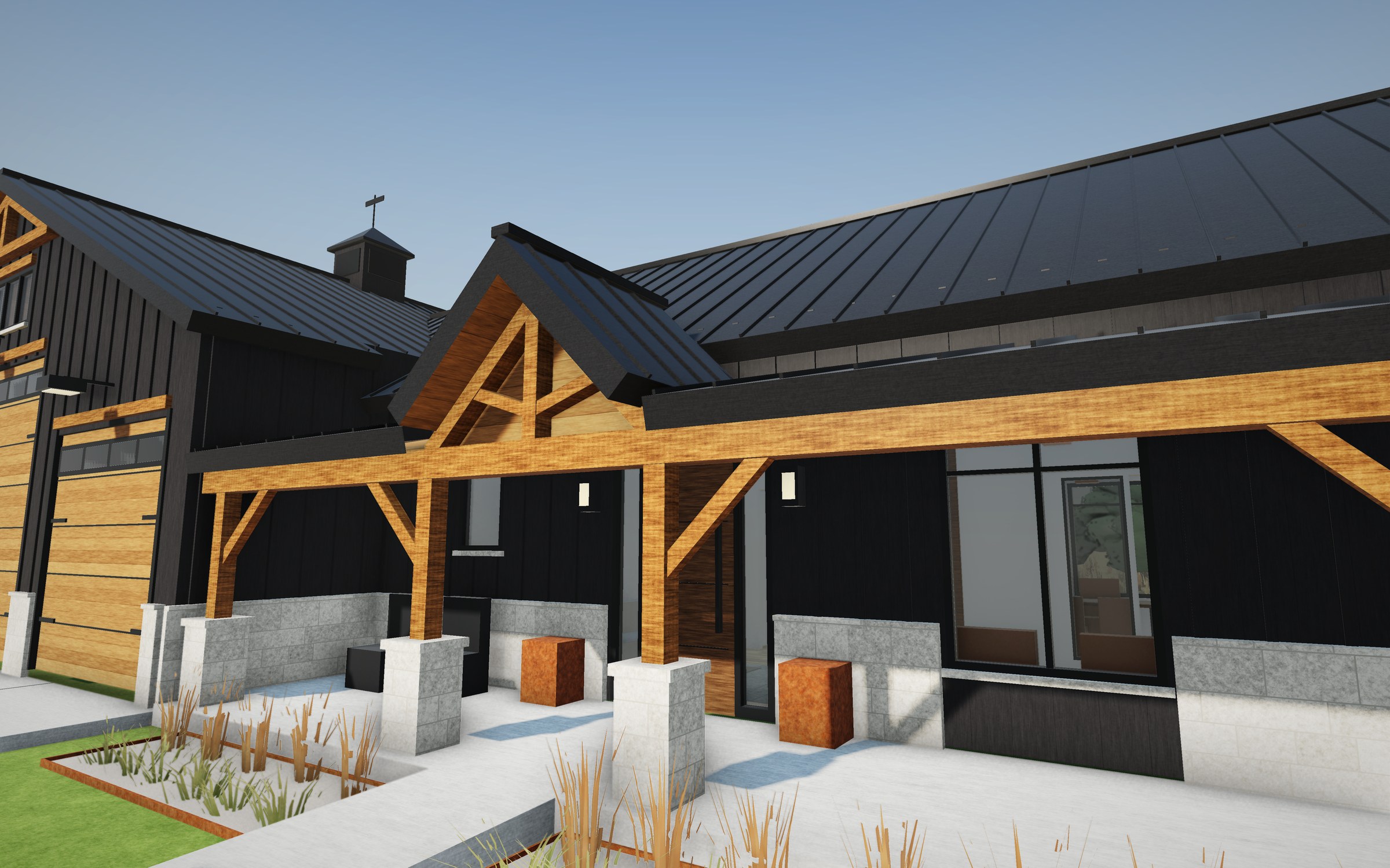 Rendering of a black office building with a timber porch, a small entry gable over a walnut door, and native grasses in front.
