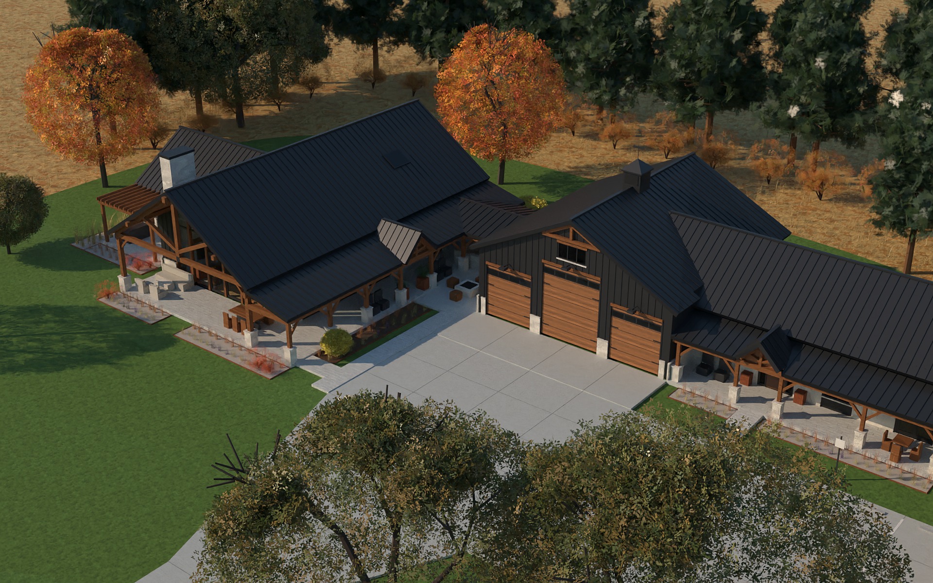 Aerial rendering of black-roofed house, breezeway, shop and office wing around a gridded concrete court, with trees and prairie.