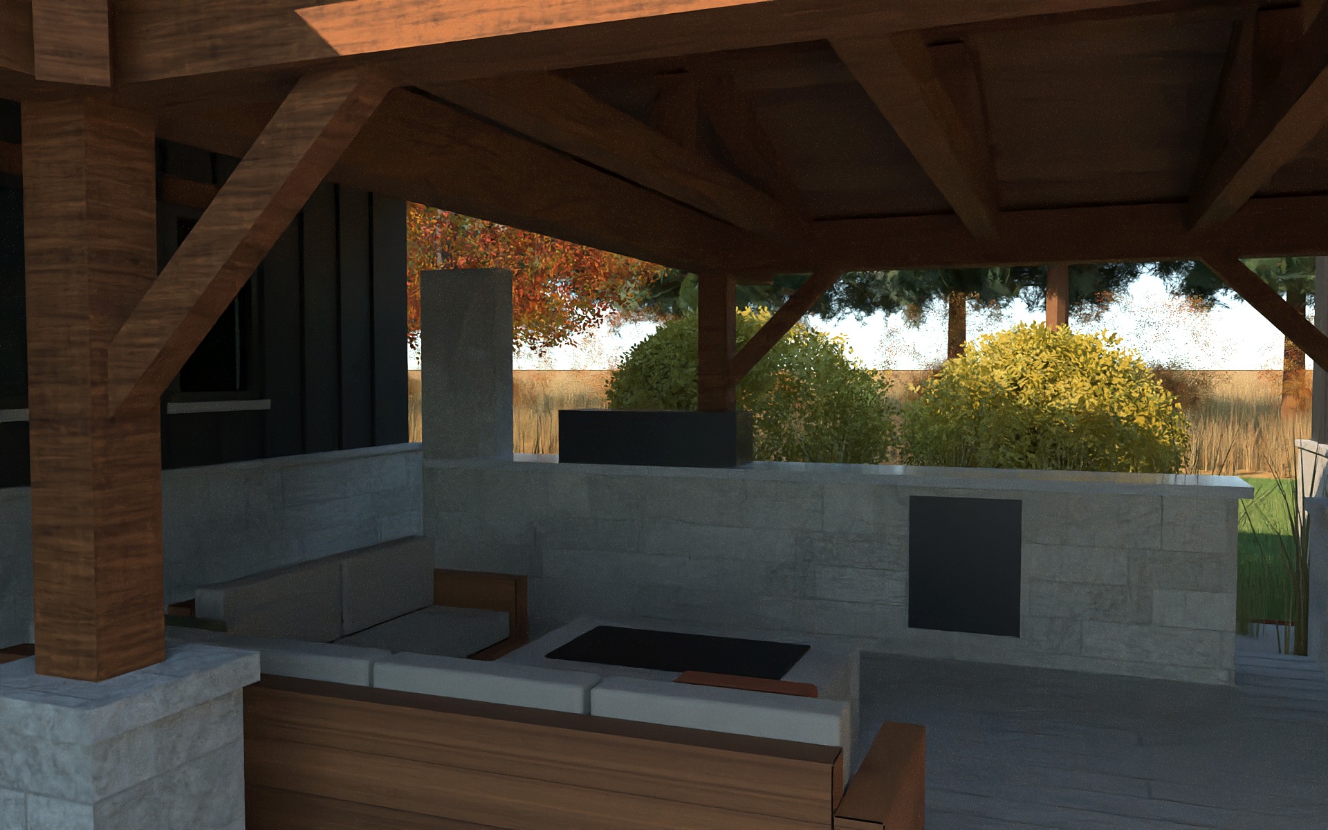 Photoreal concept rendering of a covered outdoor room with timber posts and braces, a limestone kitchen counter and a lounge.