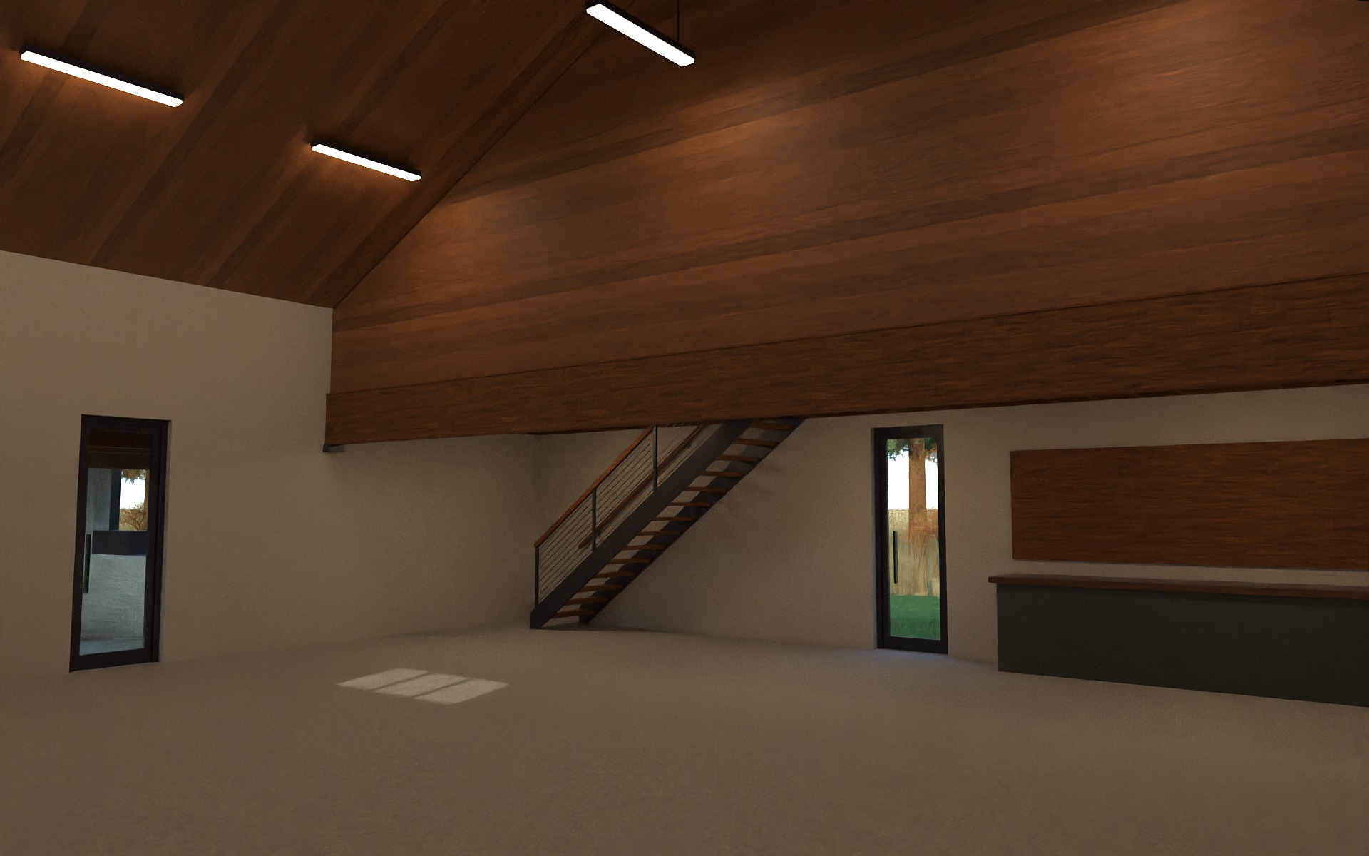 Interior rendering of an open shop with a cedar-clad loft along the back wall and a steel stair rising to it.