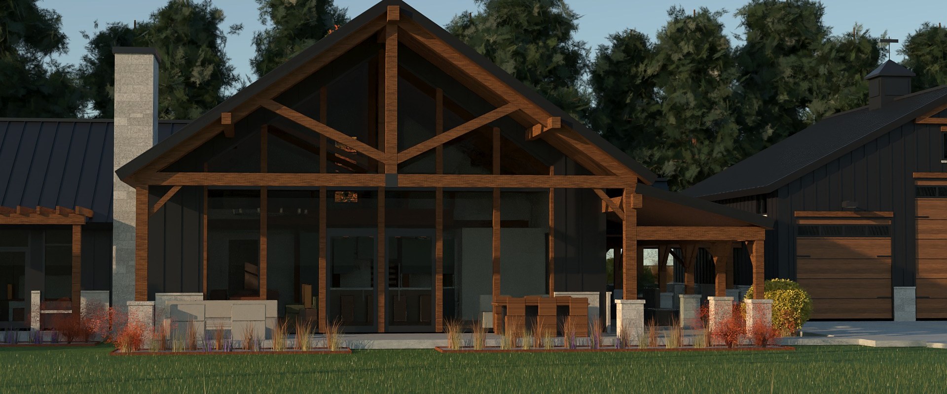 Photoreal concept rendering of the Flint Hills Barndominium HQ with its timber-framed glass gable, porch, shop and prairie landscape.