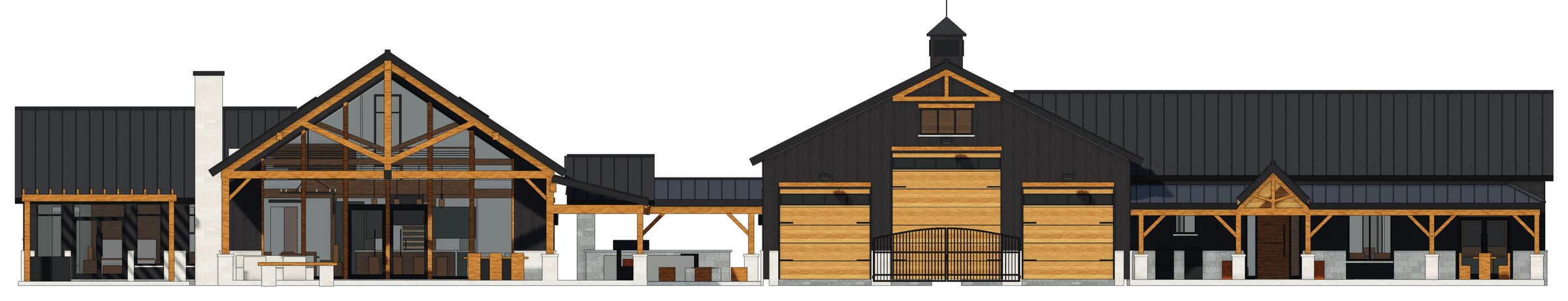 Elevation drawing: glass-gabled house at left, breezeway, shop with three overhead doors and cupola, office wing at right.