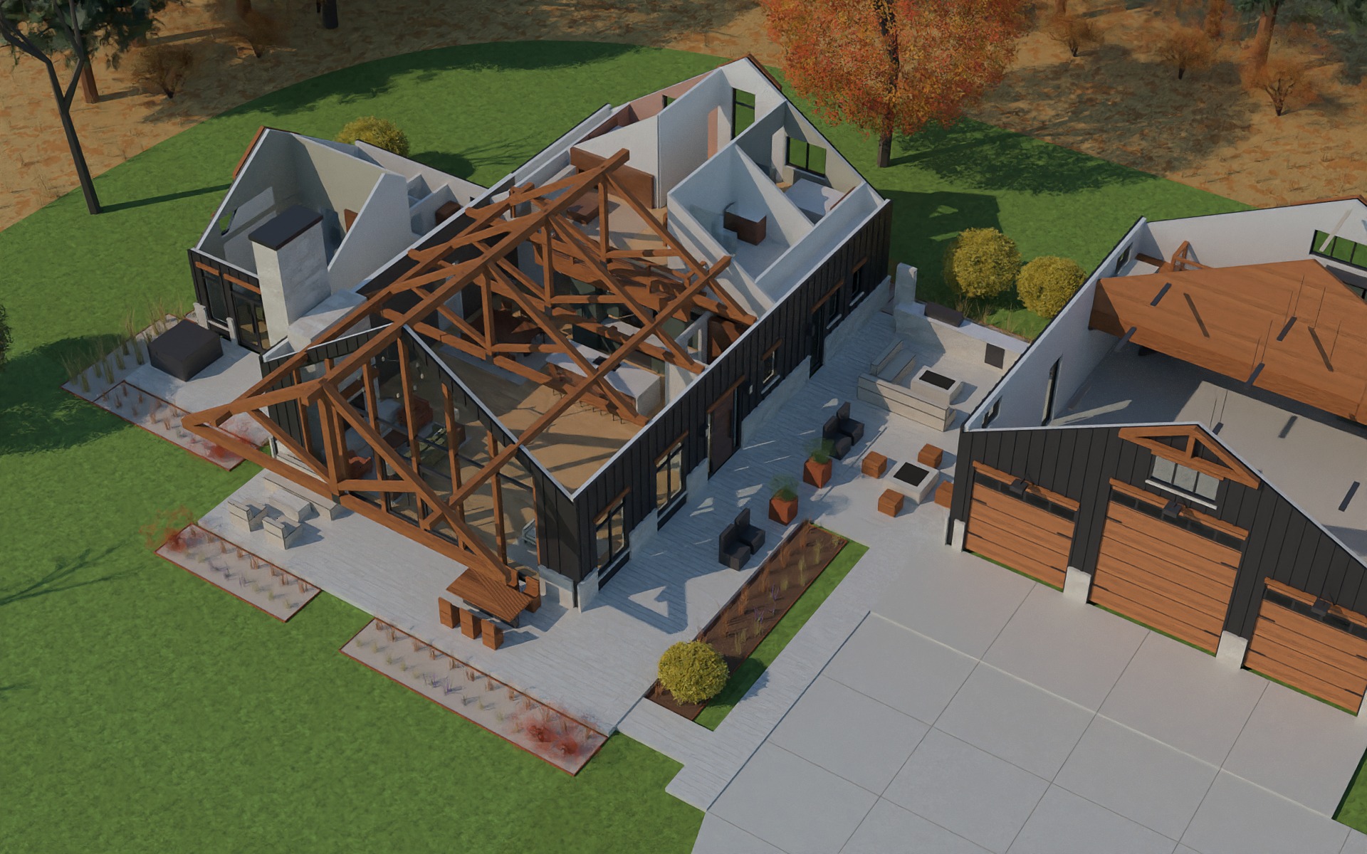 Photoreal cutaway aerial rendering with the roofs removed, showing furnished rooms, timber trusses, the breezeway and the shop.