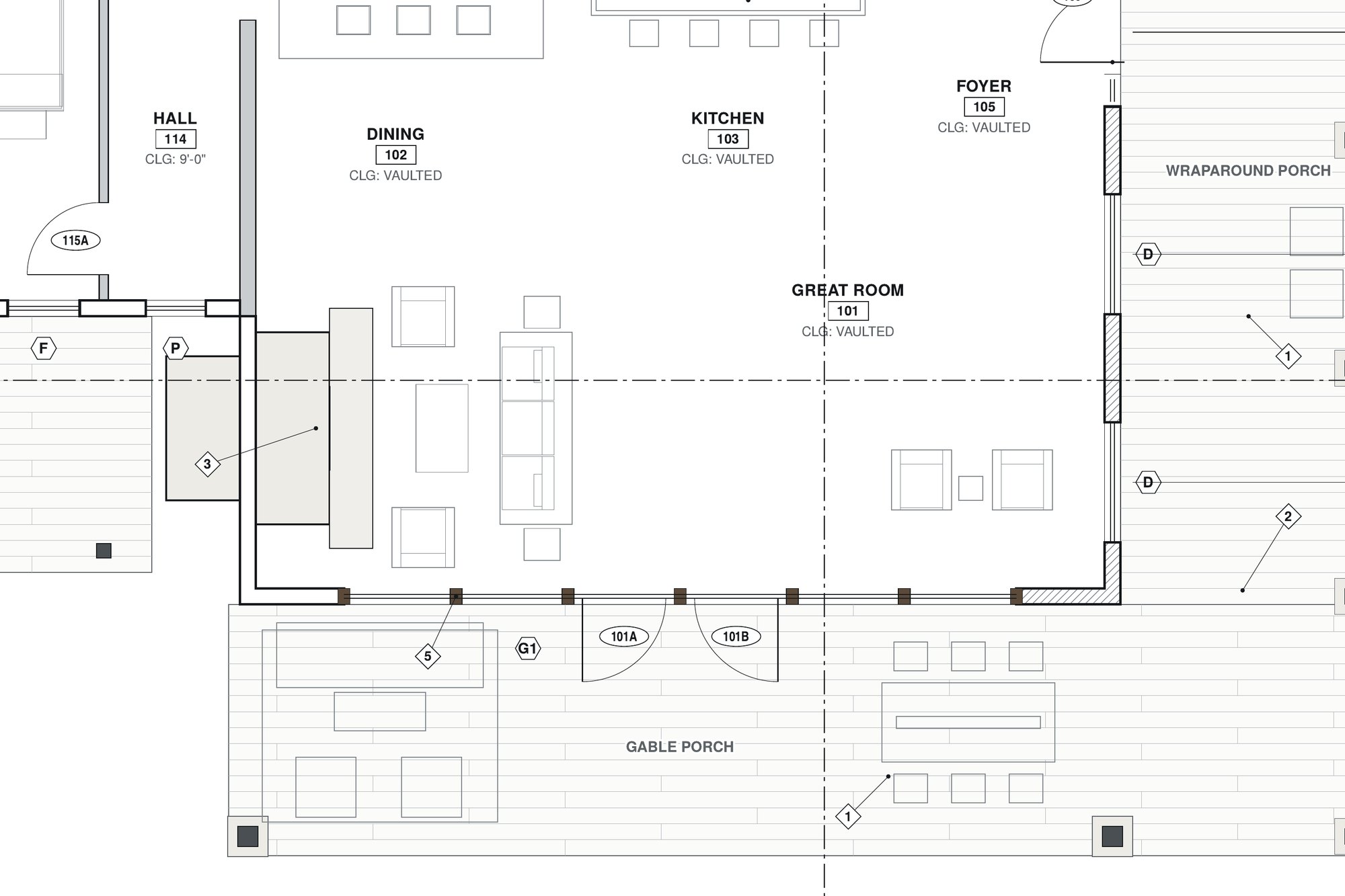 Drawing detail of the great room, glass gable and fireplace.