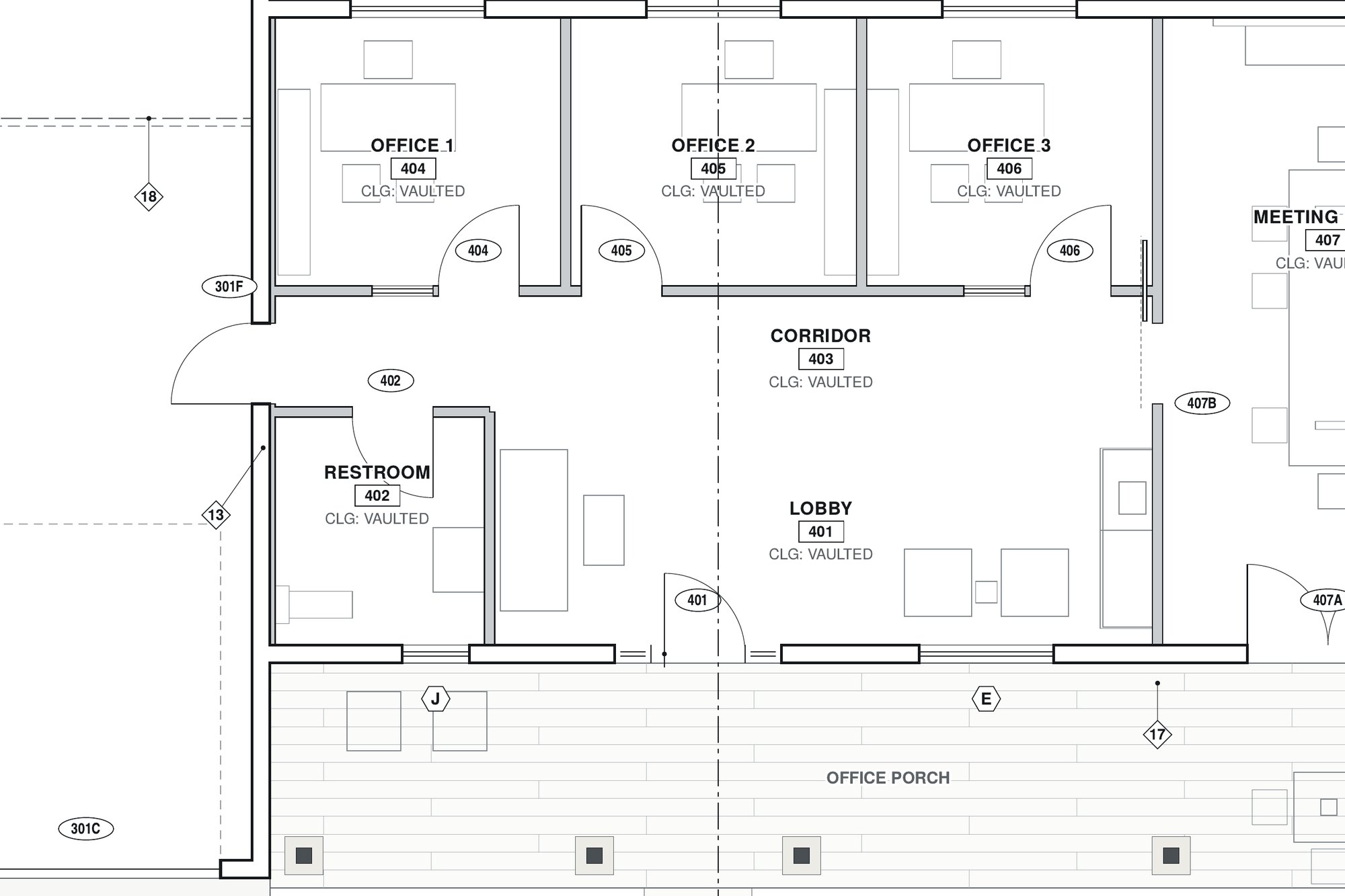Drawing detail of the step-free office entry, accessible restroom and lobby.