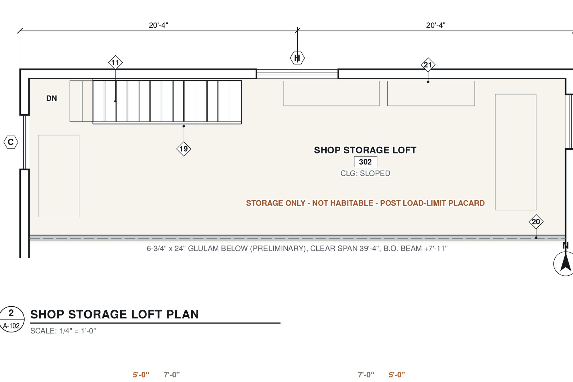 Drawing detail of the shop storage loft, back-wall stair and clear-span beam.