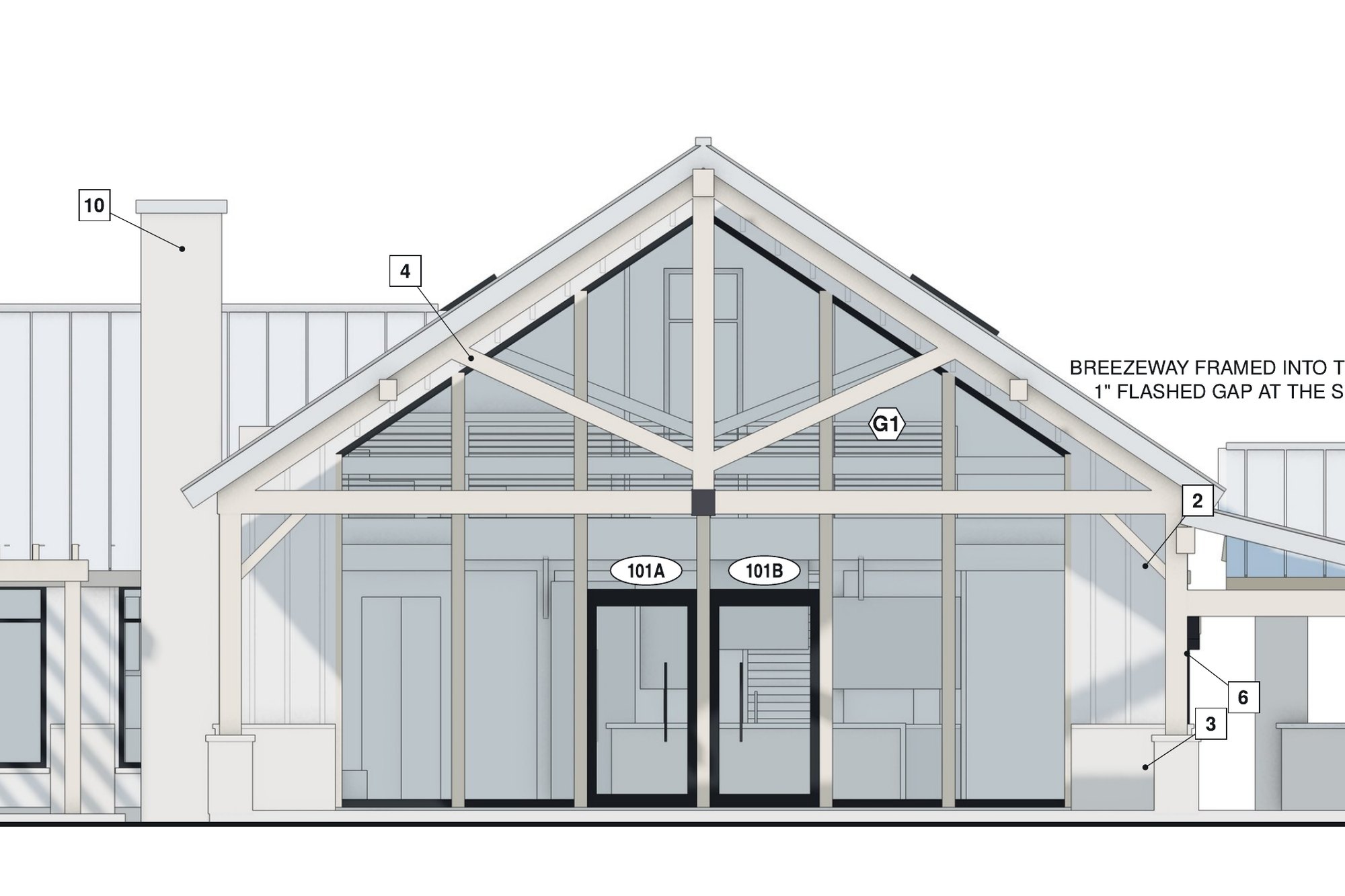 Drawing detail of the south glass gable and its king-post trusses.