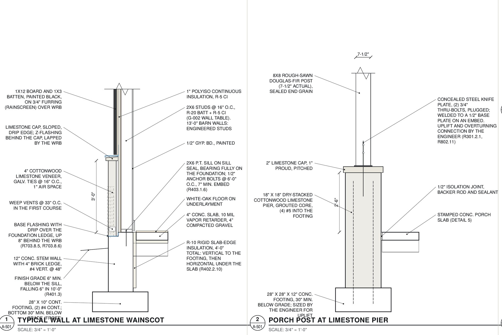 Drawing detail of a typical wall at the limestone wainscot and porch pier.