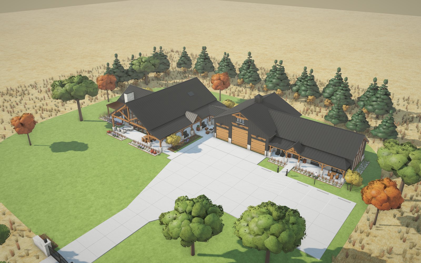 Aerial computer rendering of the Flint Hills Barndominium HQ concept model